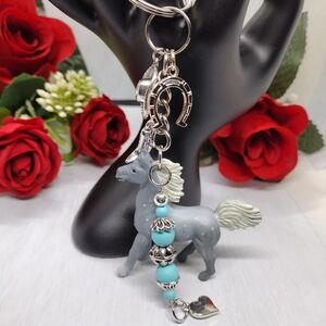 ⭐ Gray white Horse keychain with Silver & Turquoise Western Style Charms…